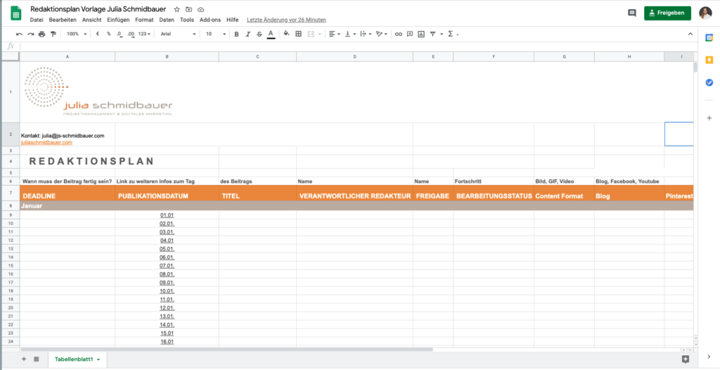 Google Sheet Vorlage für einen Redaktionsplan von Julia Schmidbauer